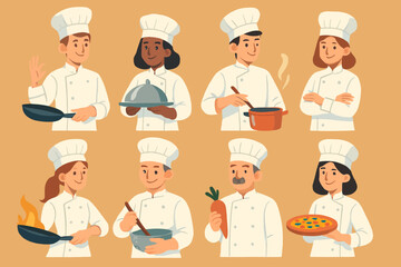 Diverse group of chefs in uniform preparing various dishes with cooking tools.