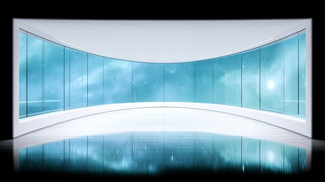 A modern interior with a curved window offering a view of a starry sky, creating a futuristic and bright atmosphere.