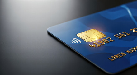 Close-up view of a modern credit card with a chip, showcasing contactless payment technology, placed on a sleek black surface, emphasizing financial transactions and digital convenience