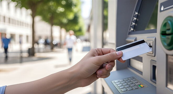 Hand of a person inserting a bank card into an ATM machine on a sunny day, with blurred pedestrians walking in the background, showcasing modern banking technology and convenience