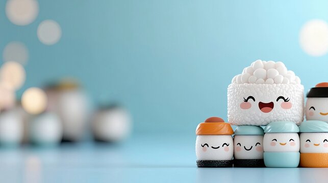 A group of adorable sushi characters with smiling faces, stacked together in a studio setting with a light blue background.