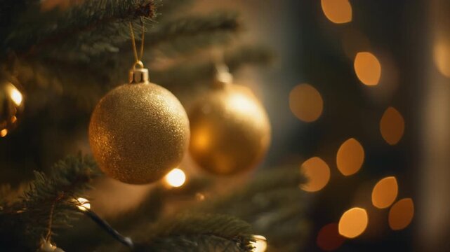 Close-up of golden Christmas baubles hanging on a festive tree with warm bokeh lights in the background.