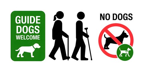 Guide dogs welcome and no dogs allowed signs isolated on white background