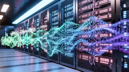 A server room with data visualizations of flowing light in digital wave patterns - Powered by Adobe