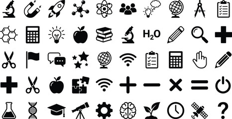 Education icons collection featuring science symbols, learning tools, school elements, technology graphics, study concepts, academic symbols, and teaching resources for modern design