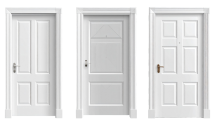 Three white, closed interior doors with varying panel designs, showcased side-by-side against a transparent background