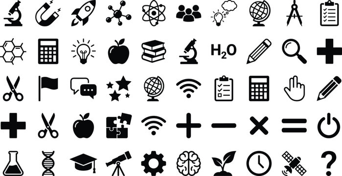 Education icons collection featuring science symbols, learning tools, school elements, technology graphics, study concepts, academic symbols, and teaching resources for modern design