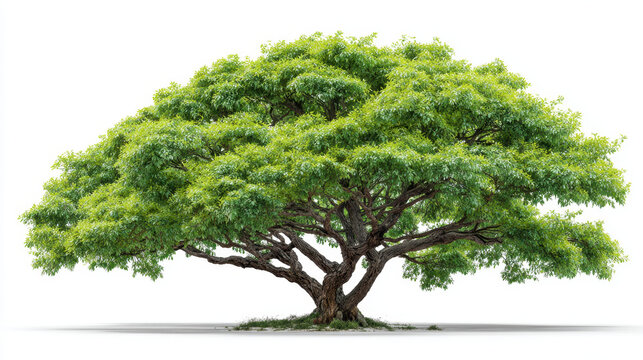 Lush green broadleaf tree with sprawling canopy and textured trunk providing shade and serene natural atmosphere, isolated on white background with visible roots and grass