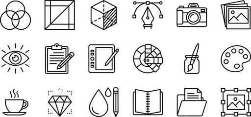 Graphic design and digital art tool icons collection with creative elements, drawing equipment, illustration symbols, photography tools, editing and artistic workflow graphics