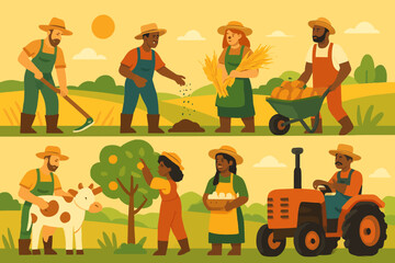 Naklejka premium Collection of diverse farmers engaged in various agricultural activities.