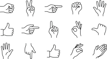 Hand gesture icon set featuring pointing signs, thumbs up symbols, victory gestures, counting fingers, OK signs, communication and expression illustrations