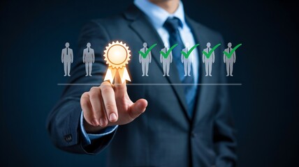 Businessman selects top talent candidate with glowing digital badge award