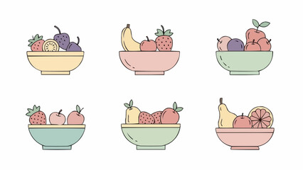 Collection of six colorful bowls filled with assorted fresh fruits.