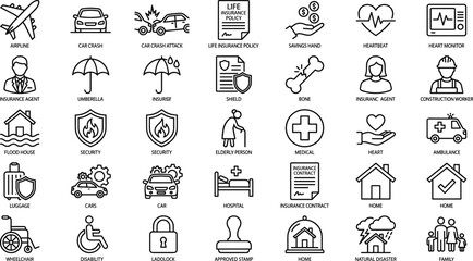 Insurance and safety line icons set featuring health, family, medical care, emergency services, home protection, disaster recovery, financial security, vector illustration