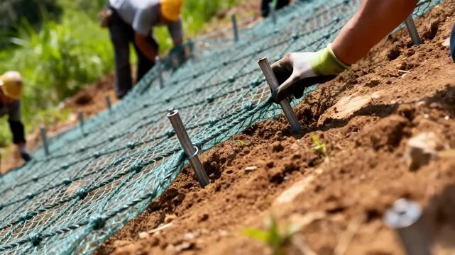 Footage of erosion control netting being spread and secured over a sloped terrain to prevent soil erosion highlighting the mesh structure and stakes.