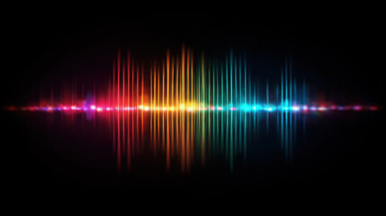 Obraz premium Colorful audio waveform visualization on black background with glowing vertical bars reflecting below, vibrant spectrum from red to blue conveying music energy and dynamic sound vibration