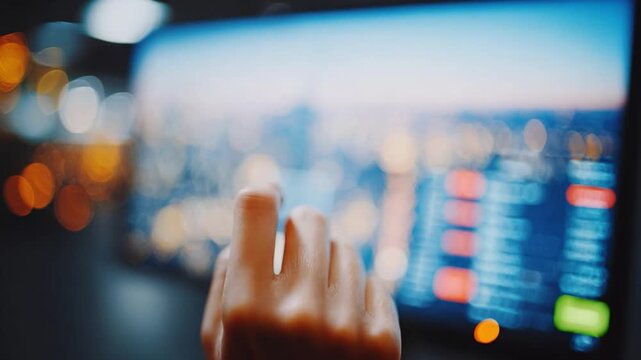 Interactive Screen: A blurred cityscape forms the backdrop to a person's focused gesture as they interact with a large, glowing screen, perhaps charting the course for the future