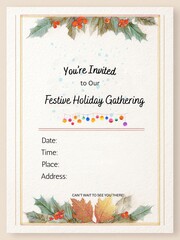 festive holiday party invitation with winter greenery, berries, golden accents, cheerful ornament and blank space for adding text