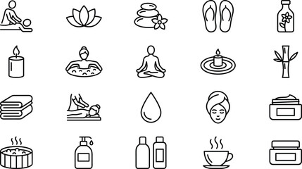 Spa and wellness thin line icon collection, relaxation symbols, massage therapy elements, beauty treatment illustrations, natural self-care and aromatherapy design set