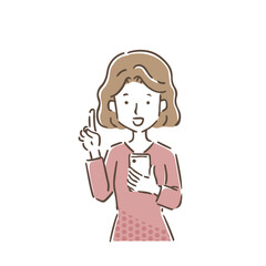 スマートフォンを持って人差し指を立てている若い女性