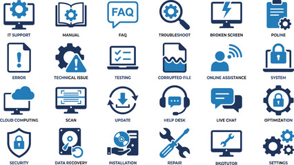 Technical support icons collection with computer troubleshooting symbols, repair tools, security elements, online assistance graphics, IT service illustration set