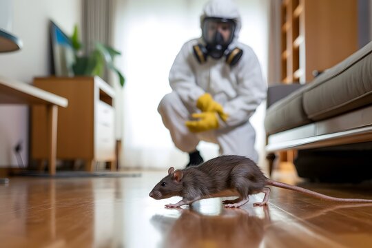 Rat running across the floor with exterminator in protective suit behind