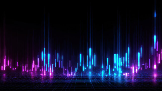 Futuristic candlestick chart glowing neon blue and purple on black grid floor, abstract financial data visualization with vertical light bars and digital reflection, atmospheric and dynamic