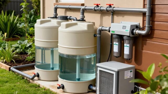 View of rainwater collection tanks with visible pipes and filtration units demonstrating ecofriendly water conservation at home.
