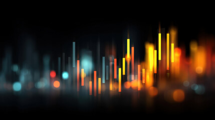 Glowing abstract cityscape with vertical light bars in warm orange and cool blue tones creating dynamic bokeh and depth, futuristic mood and digital data visualization aesthetic