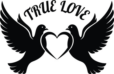 Two black doves form heart shape with true love text bird