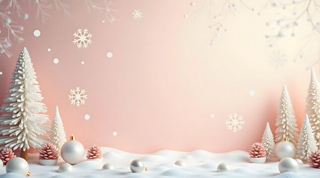 Theme Christmas, Soft pastel Christmas scene with neutral decor and snowflakes overlay - Powered by Adobe
