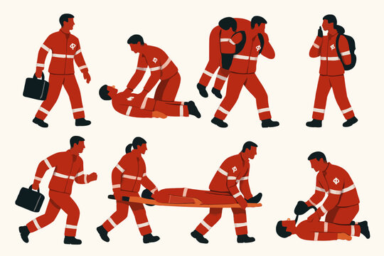 Paramedics and first responders providing emergency medical assistance to injured people.