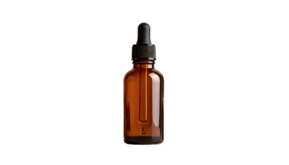 Amber bottle with dropper against black backdrop. Perfect for serums, oils, or extracts in minimalist style