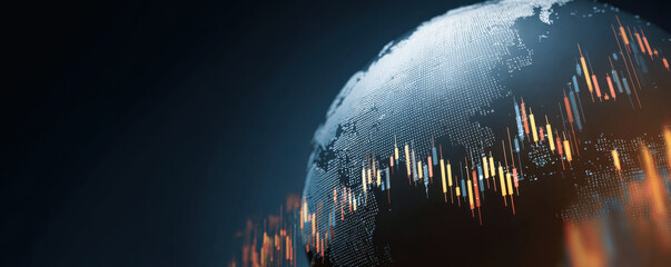 Digital globe with financial market candlestick chart overlay conveying global economy and market volatility, illuminated network data visualization with blue and orange tones