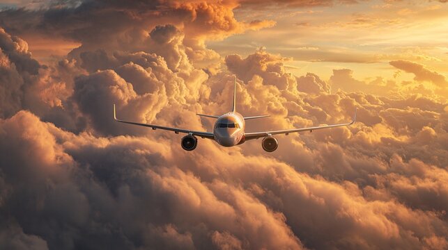 wingtip. Commercial jet ascending through cumulus clouds with golden sunrise light from a wingtip perspective. mobility guides, transit brochures, designed for transport & logistics marketing.