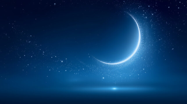 Celestial crescent moon alongside twinkling stars in a dark blue night sky