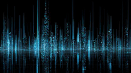 Futuristic digital city skyline with glowing blue light reflections, vertical data towers and grid surface, neon atmosphere conveying high technology and cybernetic energy