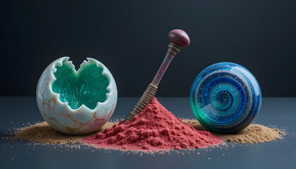 Colorful sandbox toys including decorative sphere, crafted scoop, and textured sand on dark background