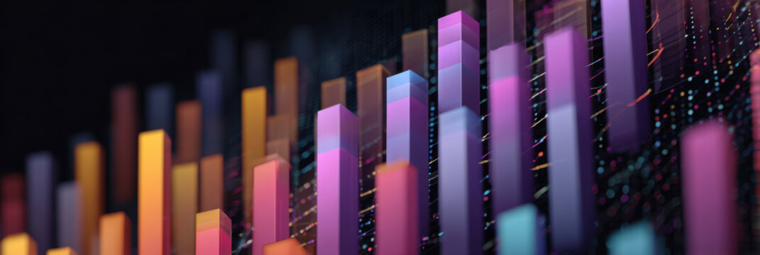 Colorful 3D bar chart with glowing data points and layered columns in dark digital background conveying analytics and growth with vibrant gradient tones and dynamic light trails