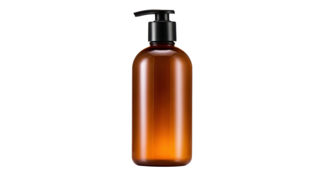 Amber pump bottle with black dispenser, packaging for cosmetic products, soap, shampoo, or lotion, transparent background