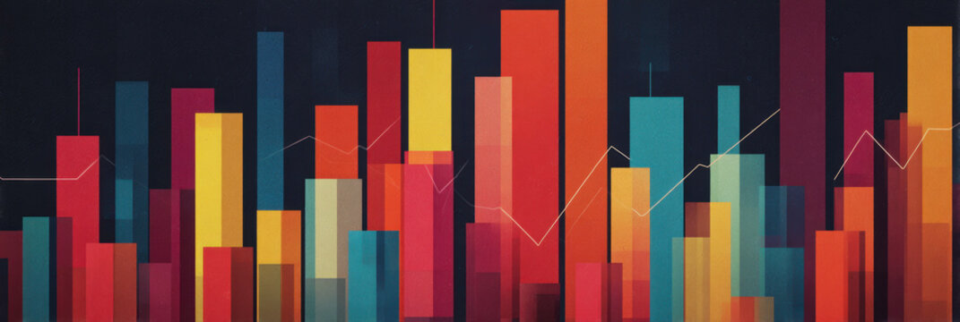 Colorful bar chart and line graph visualization in abstract vertical data skyline conveying energetic financial growth and analytics