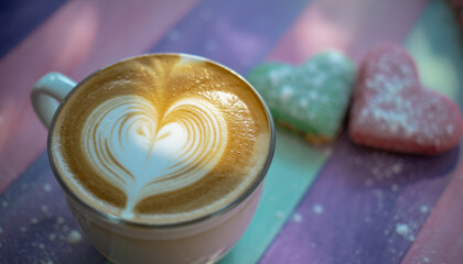 Cappuccino with heart foam art and pastel heart cookies on colorful table, sweet romantic cafe mood, soft light, cozy atmosphere, perfect for Valentine or special moments