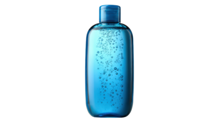 Hand sanitizer gel bottle displaying blue liquid with tiny bubbles, perfect for hygiene, cleansing, and personal care products