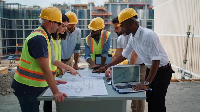 Construction Project Planning: Engineers & Architects Collaborate on Site Blueprints
