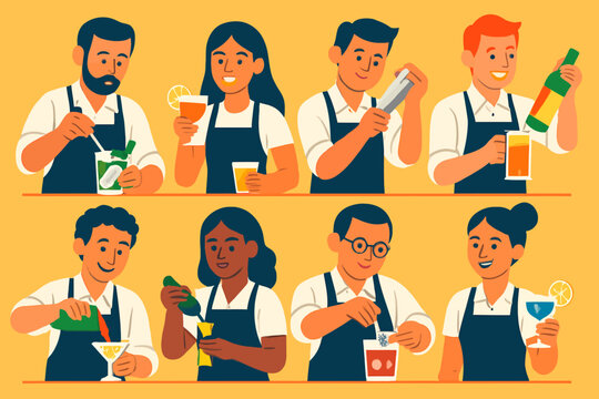 Diverse group of bartenders crafting various cocktails and beverages with skill.
