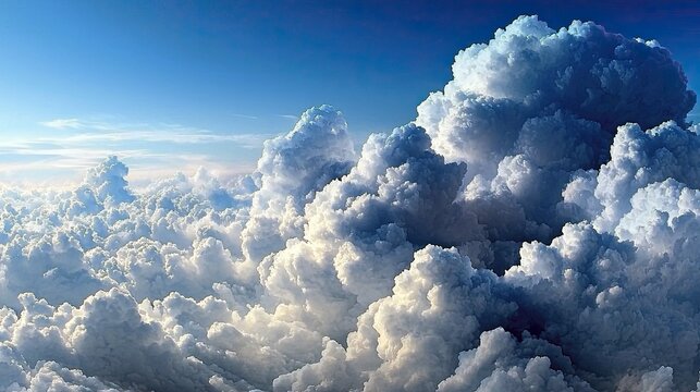A beautiful view of fluffy white clouds in a blue sky on a sunny day. The clouds are illuminated by the sun, creating a sense of peace and tranquility.