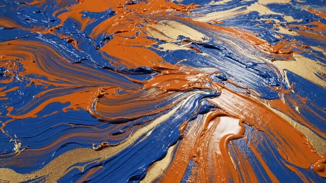 Dynamic Abstract Paint Swirls in Blue, Orange, and Gold - A Mesmerizing Artistic Flow.
