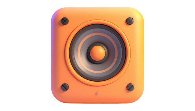 Vibrant orange speaker with rounded corners, front view, against a black backdrop, illuminated - Powered by Adobe