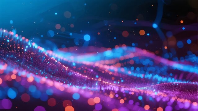 Abstract digital wave pattern with glowing particles and vibrant colors in a futuristic background
