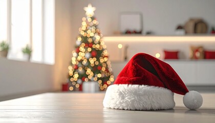 Fototapeta premium Cozy Christmas Interior with Santa Hat on Wooden Table and Holiday Lights